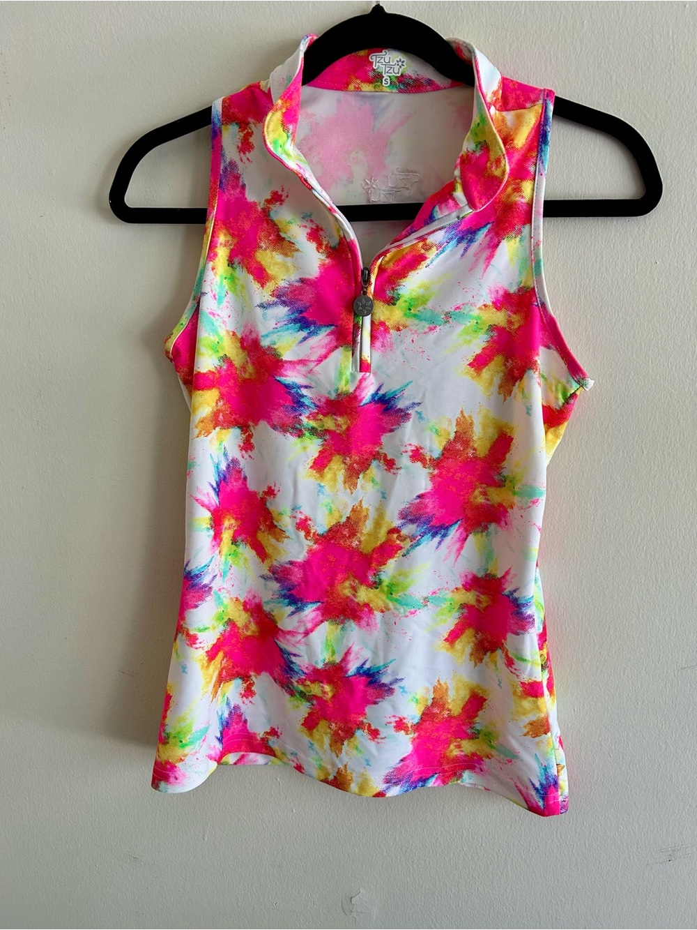 Tzu Tzu Neon Pink Multi Splash Zip Polo Tank Top